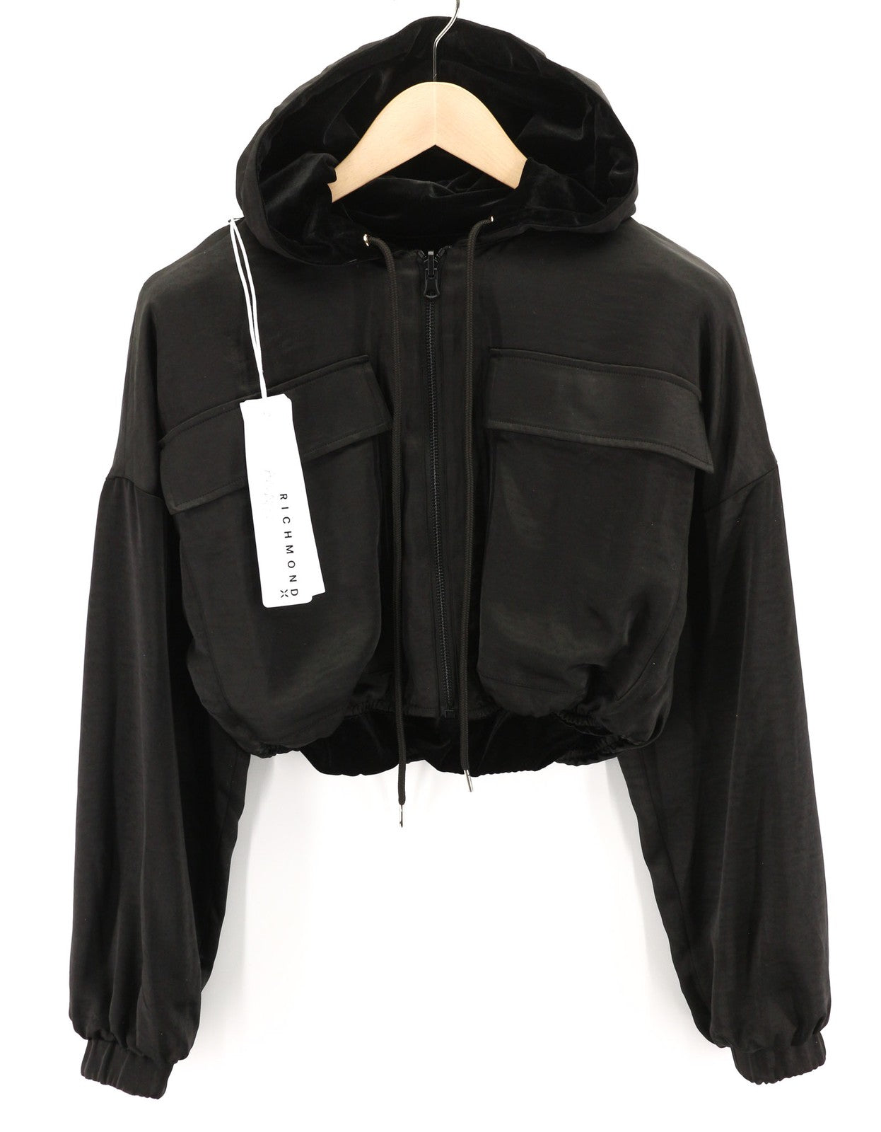 RICHMOND X Women's Sweatshirt 40 Black Two-Way Zip Cropped Hooded Strap Detail