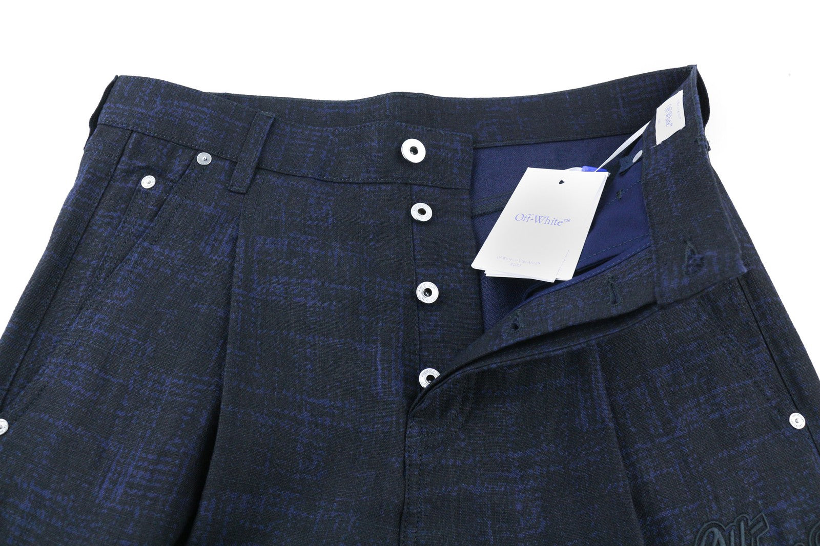 Vyriškos kelnės OFF-WHITE W31 lino mišinio, juodos, mėlynos, maišytos, klostytos, siaurėjančios, RRP600 