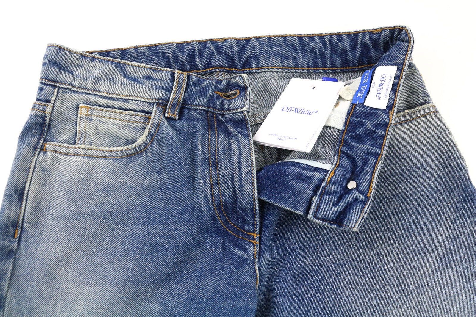 OFF-WHITE Women's Jeans W27 Slim Flare Blue Zipped Cotton Washed Casual Denim