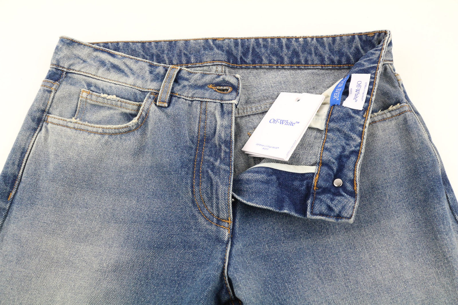 OFF-WHITE Women's Jeans W29 Blue Slim Flared Fit Washed Cotton Zipped Denim