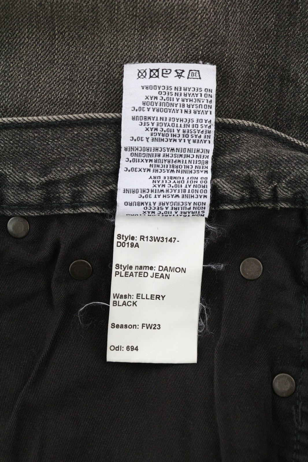 R13 Damon Women's Jeans 27 Flared Wide Washed Black Pure Cotton Zip-Up