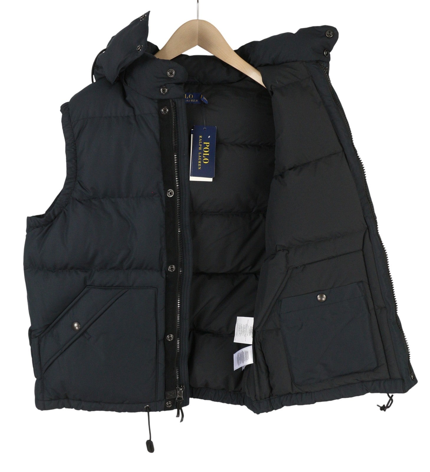 RALPH LAUREN Elmwood vyriška liemenė M, juoda, su ančių pūkų užpildu, dygsniuota, su gobtuvu ir užtrauktuku 