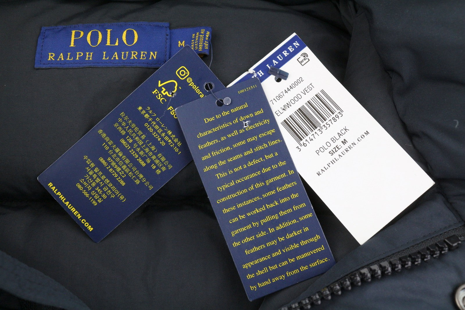 RALPH LAUREN Elmwood vyriška liemenė M, juoda, su ančių pūkų užpildu, dygsniuota, su gobtuvu ir užtrauktuku 