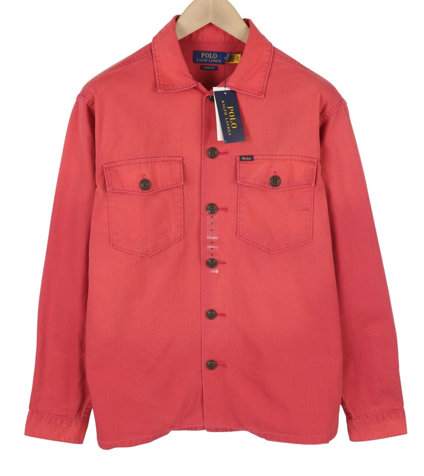 RALPH LAUREN vyriški marškinėliai M, raudoni, išblukę, klasikinio kirpimo, su sagomis užsegamomis kišenėmis, laisvalaikio stiliaus. 