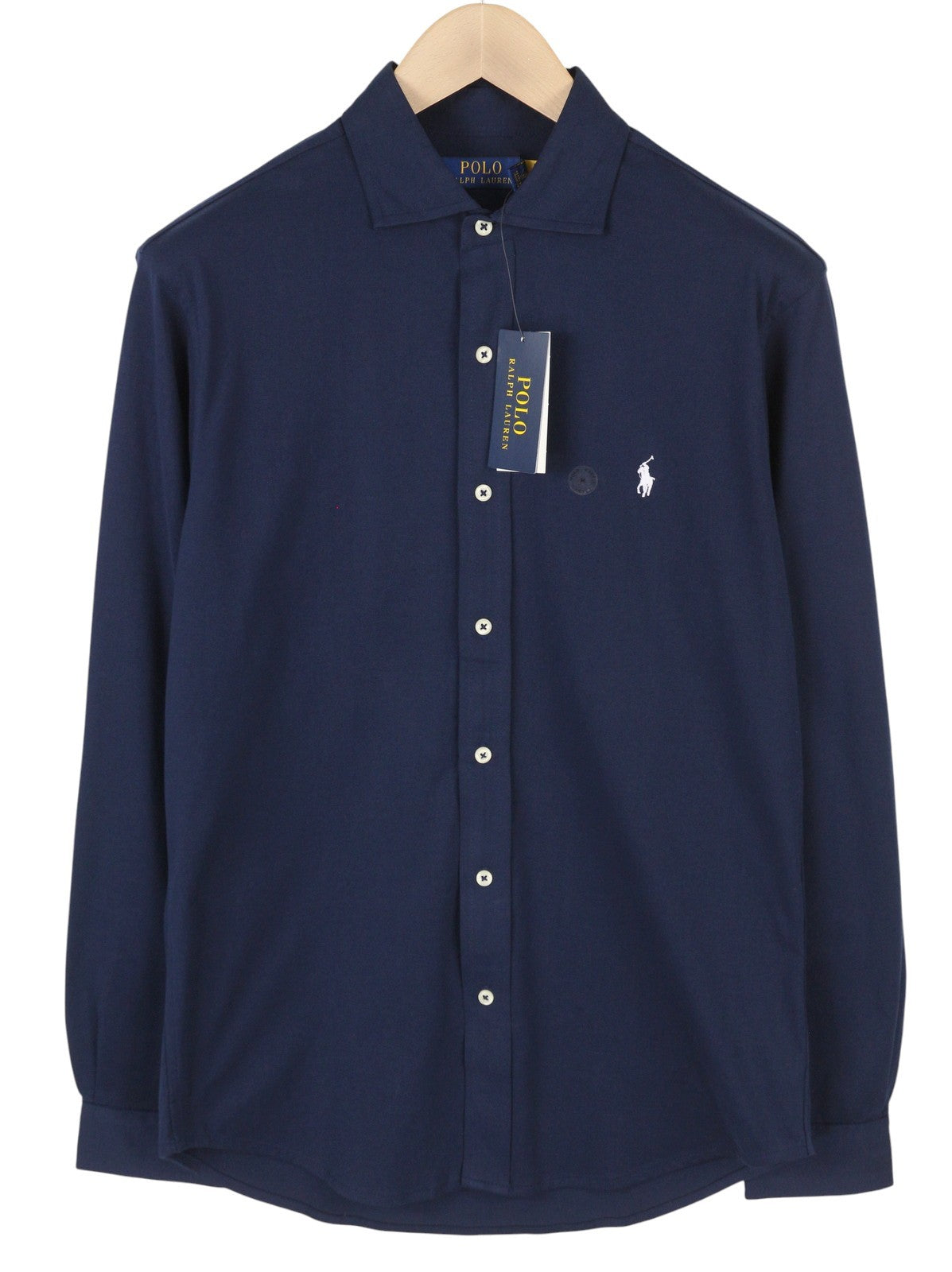 RALPH LAUREN vyriški marškinėliai M tamsiai mėlyni iškirpti su sagomis ir siuvinėtu logotipu RRP160 