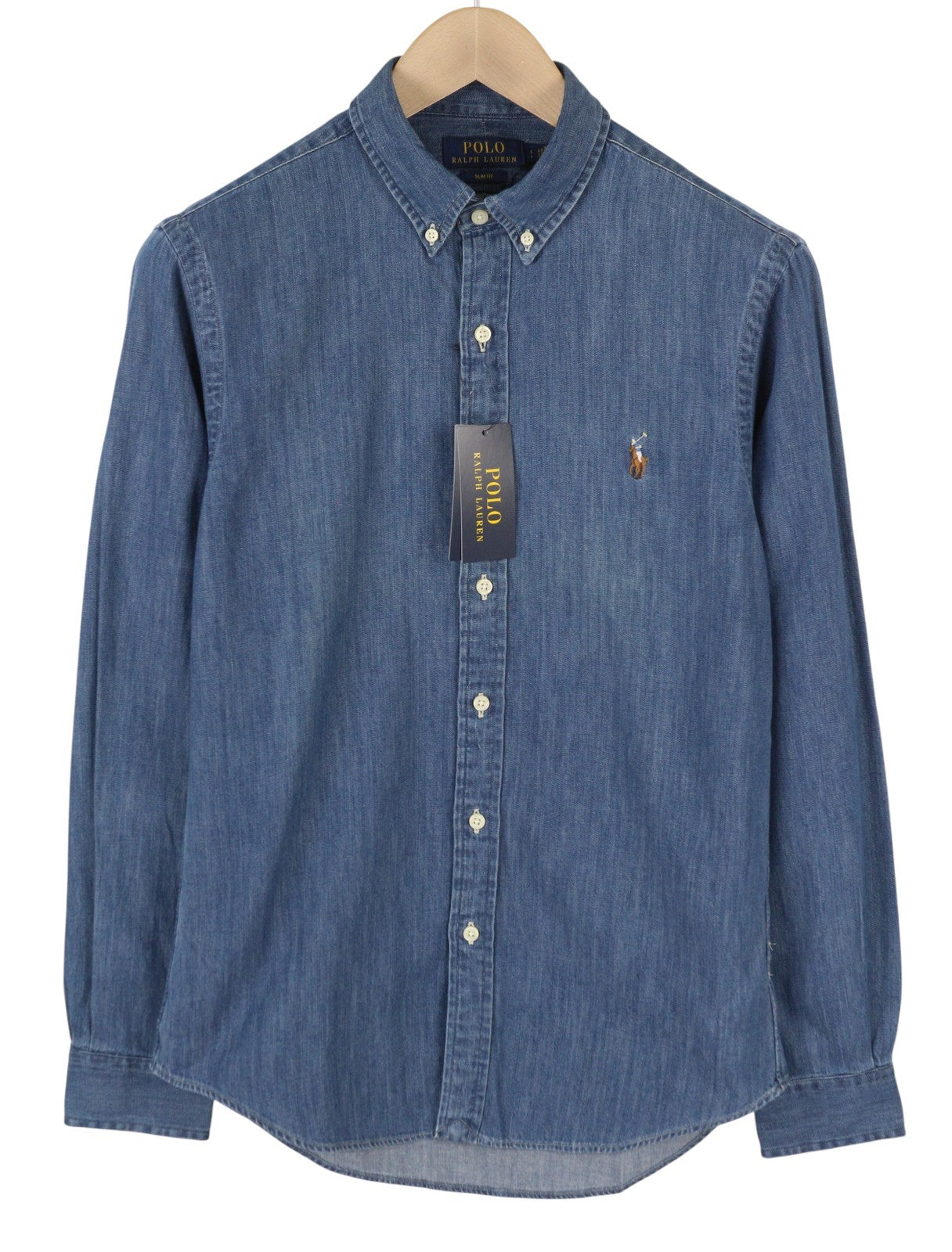 RALPH LAUREN „Core Replen“ vyriški marškinėliai, mėlyni, džinsinio audinio, su sagomis žemyn kaklu, ploni, RRP159 