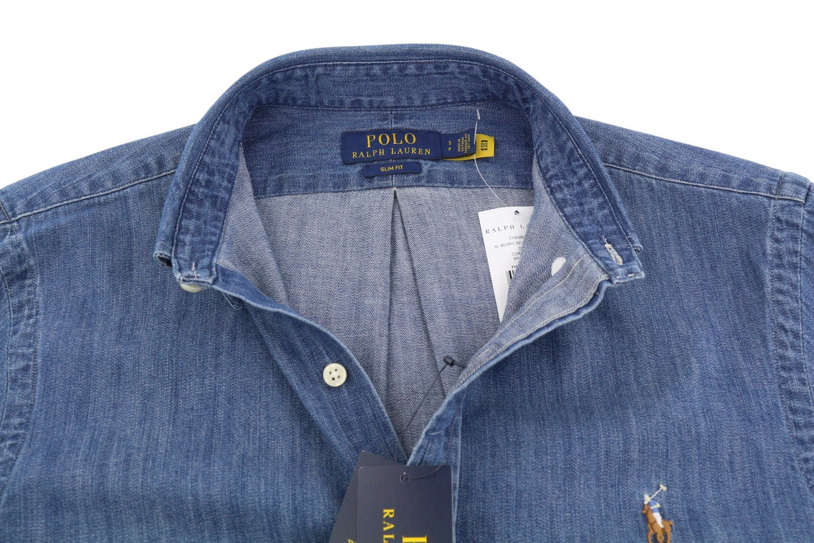 RALPH LAUREN „Core Replen“ vyriški marškinėliai, mėlyni, džinsinio audinio, su sagomis žemyn kaklu, ploni, RRP159 