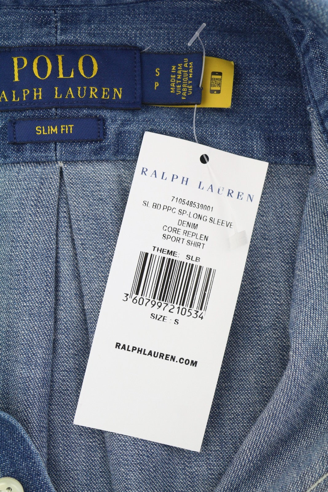 RALPH LAUREN „Core Replen“ vyriški marškinėliai, mėlyni, džinsinio audinio, su sagomis žemyn kaklu, ploni, RRP159 