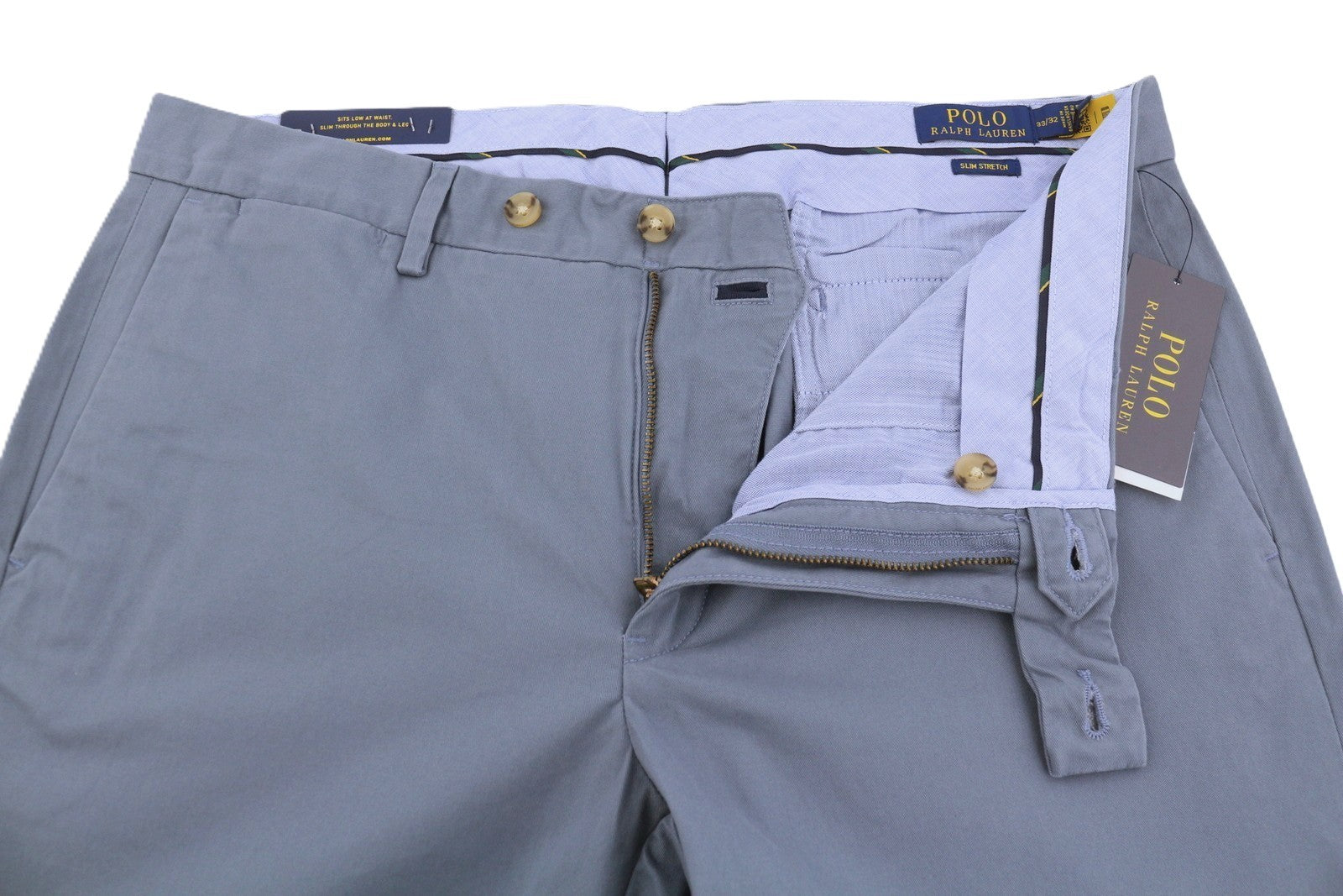 RALPH LAUREN Men Trousers W33/L32 Blue Chino Slim Stretch Zip Fly Logo RRP179