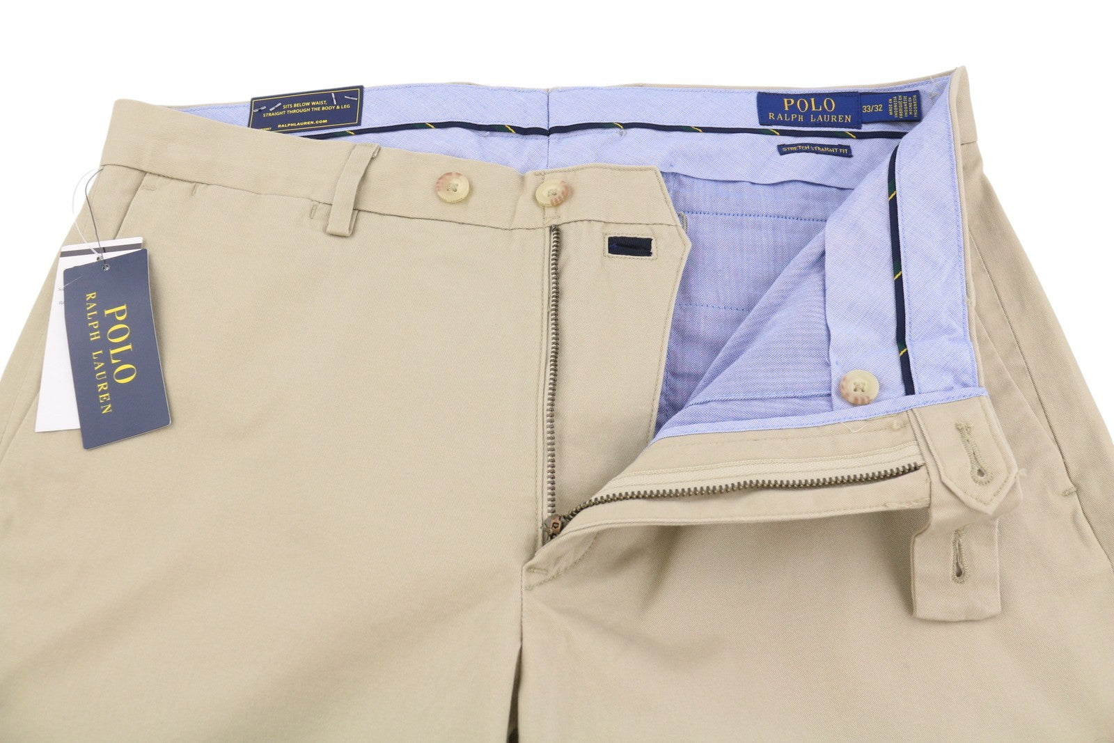 RALPH LAUREN Men Trousers W33/L32 Beige Chino Stretch Straight Fit Zip RRP179