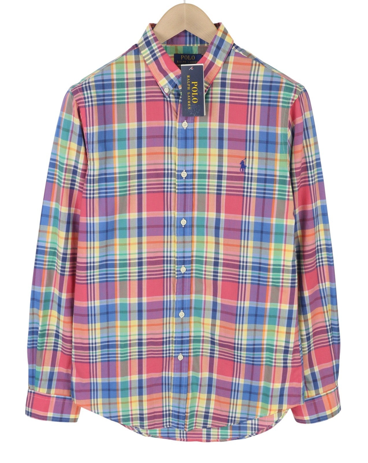 RALPH LAUREN vyriški marškinėliai M Spalvingi languoti marškinėliai su sagomis žemyn iškirpte, plonas kirpimas, laisvalaikio logotipas 