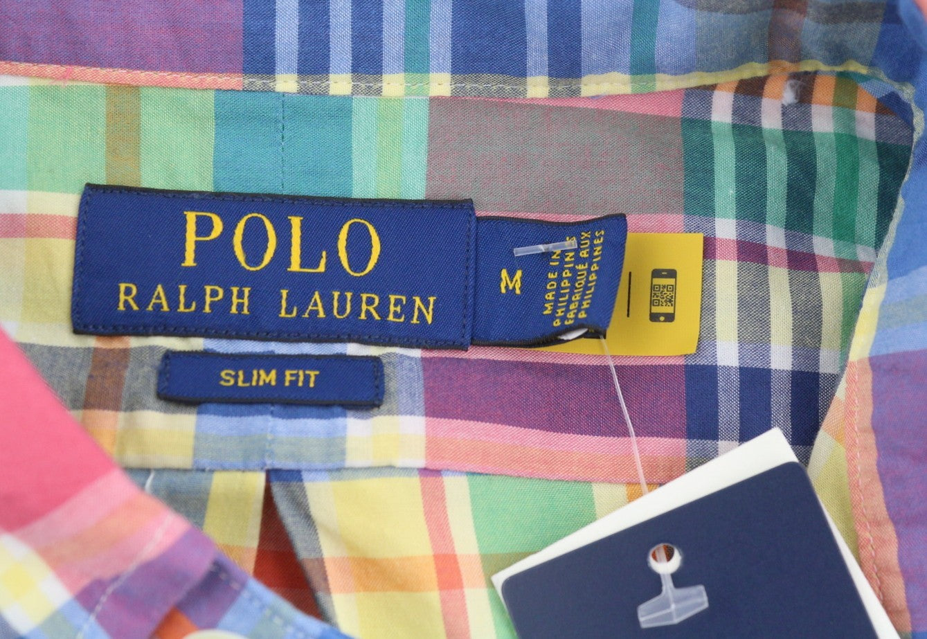 RALPH LAUREN vyriški marškinėliai M Spalvingi languoti marškinėliai su sagomis žemyn iškirpte, plonas kirpimas, laisvalaikio logotipas 