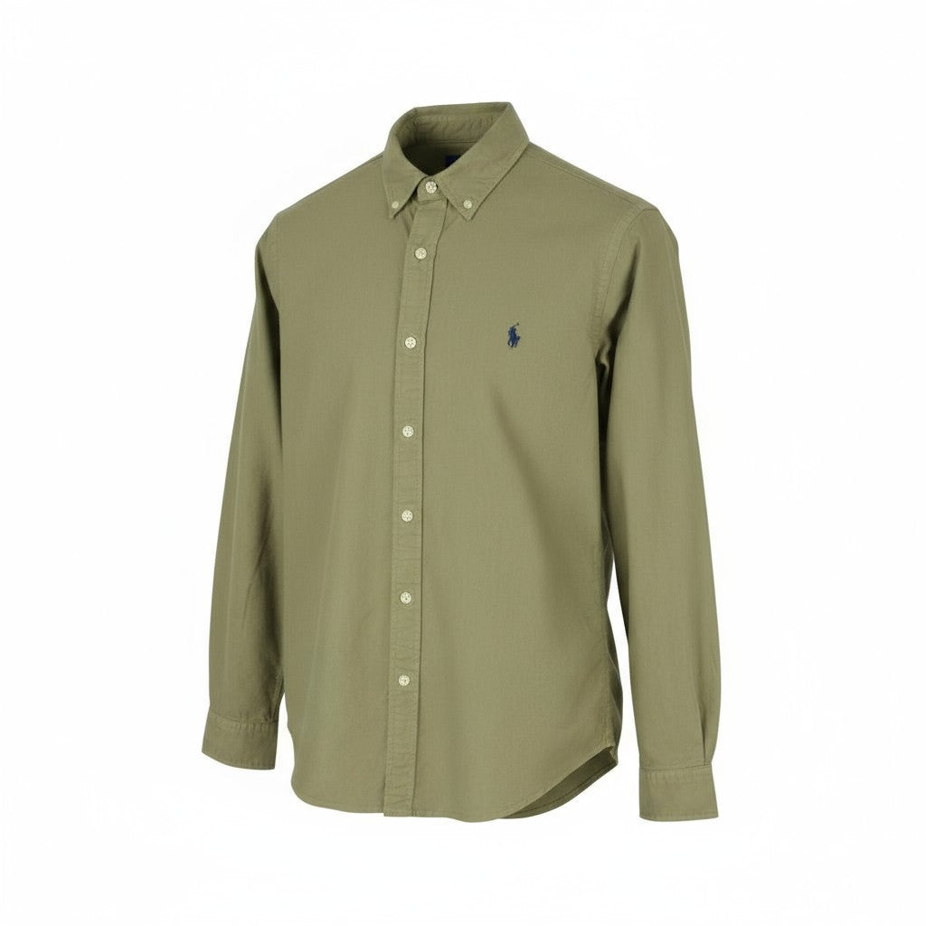 RALPH LAUREN vyriški marškinėliai M žali su sagomis žemyn iškirpte, plonas kirpimas su logotipu, laisvalaikio stilius, RRP149 