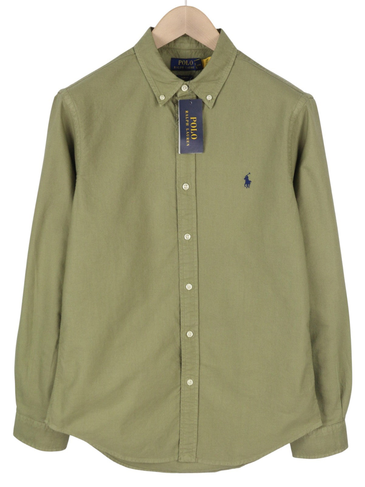 RALPH LAUREN vyriški marškinėliai M žali su sagomis žemyn iškirpte, plonas kirpimas su logotipu, laisvalaikio stilius, RRP149 