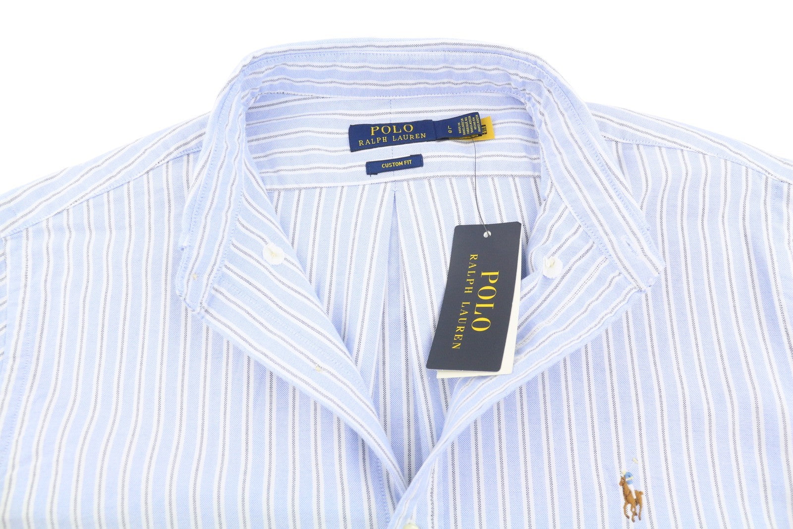 RALPH LAUREN Men Shirt L Blue Striped Custom Fit Button-Down Neck Logo RRP149