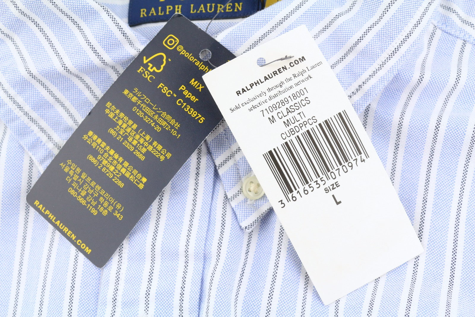 RALPH LAUREN Men Shirt L Blue Striped Custom Fit Button-Down Neck Logo RRP149