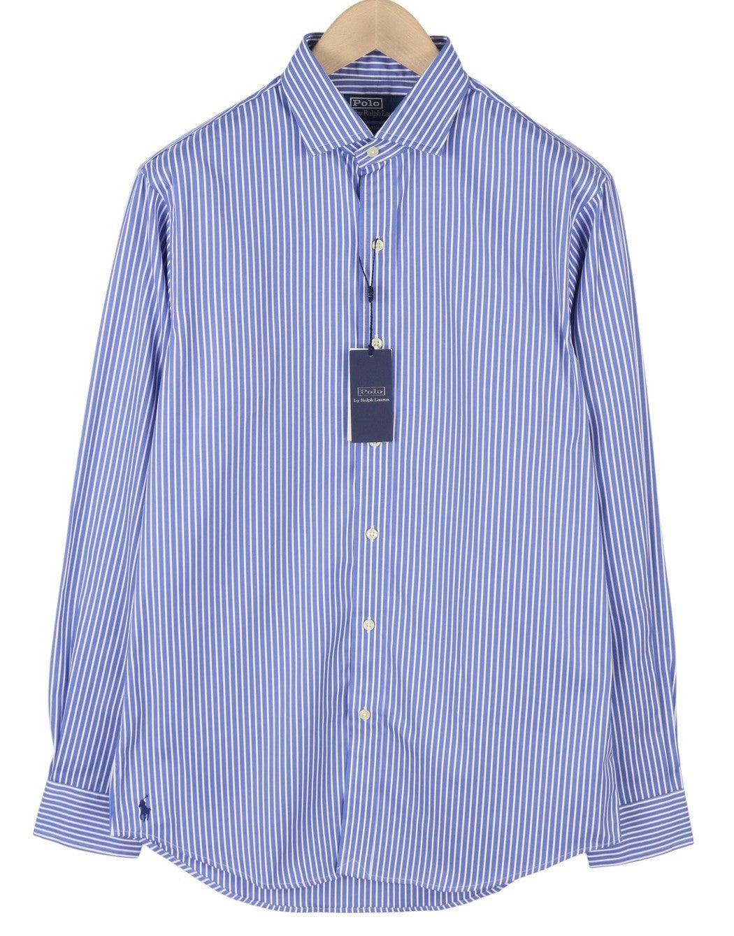 RALPH LAUREN Men Shirt M Blue Striped Cutaway Neck Custom Fit Button-Up RRP212