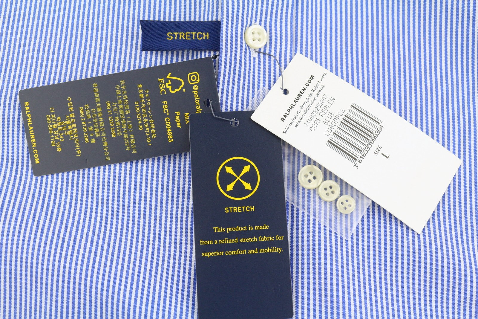 RALPH LAUREN „Core Replen“ vyriški marškinėliai, L dydžio, mėlyni, dryžuoti, su sagomis, RRP155 