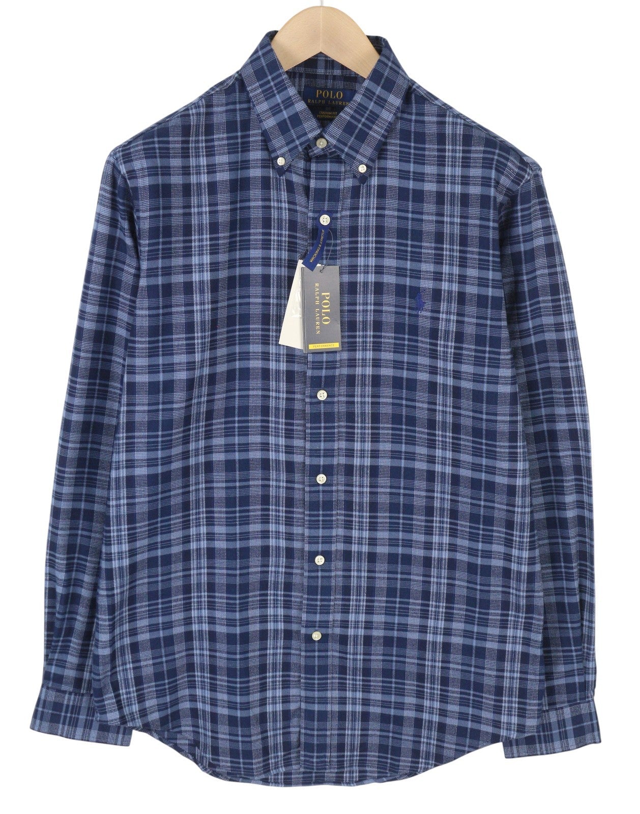 RALPH LAUREN vyriški marškinėliai M mėlyni, pritaikyti sportiniam languotam flaneliniam sagų užsegimui RRP169 