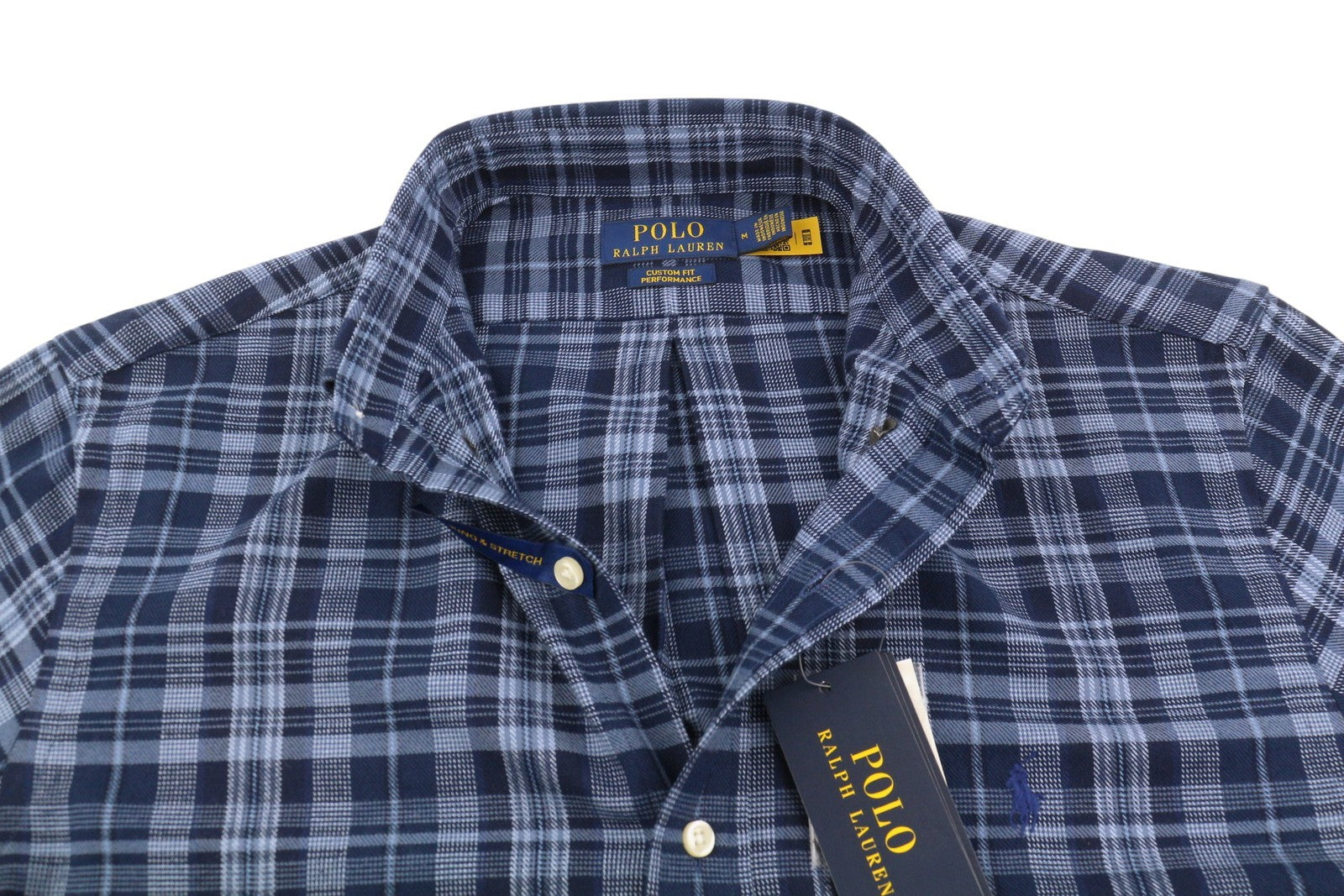 RALPH LAUREN vyriški marškinėliai M mėlyni, pritaikyti sportiniam languotam flaneliniam sagų užsegimui RRP169 