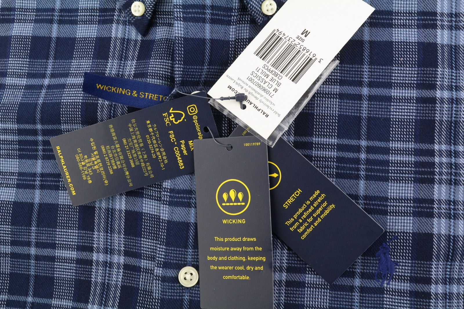 RALPH LAUREN vyriški marškinėliai M mėlyni, pritaikyti sportiniam languotam flaneliniam sagų užsegimui RRP169 