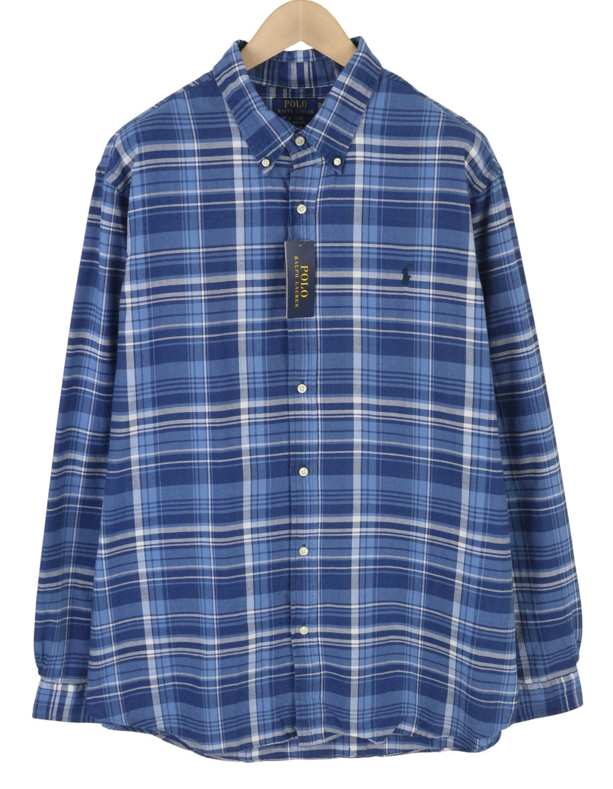 RALPH LAUREN vyriški marškinėliai, 2XL, mėlyni, klasikinio kirpimo, indigo spalvos, languoti, su sagomis žemyn iškirpte. 