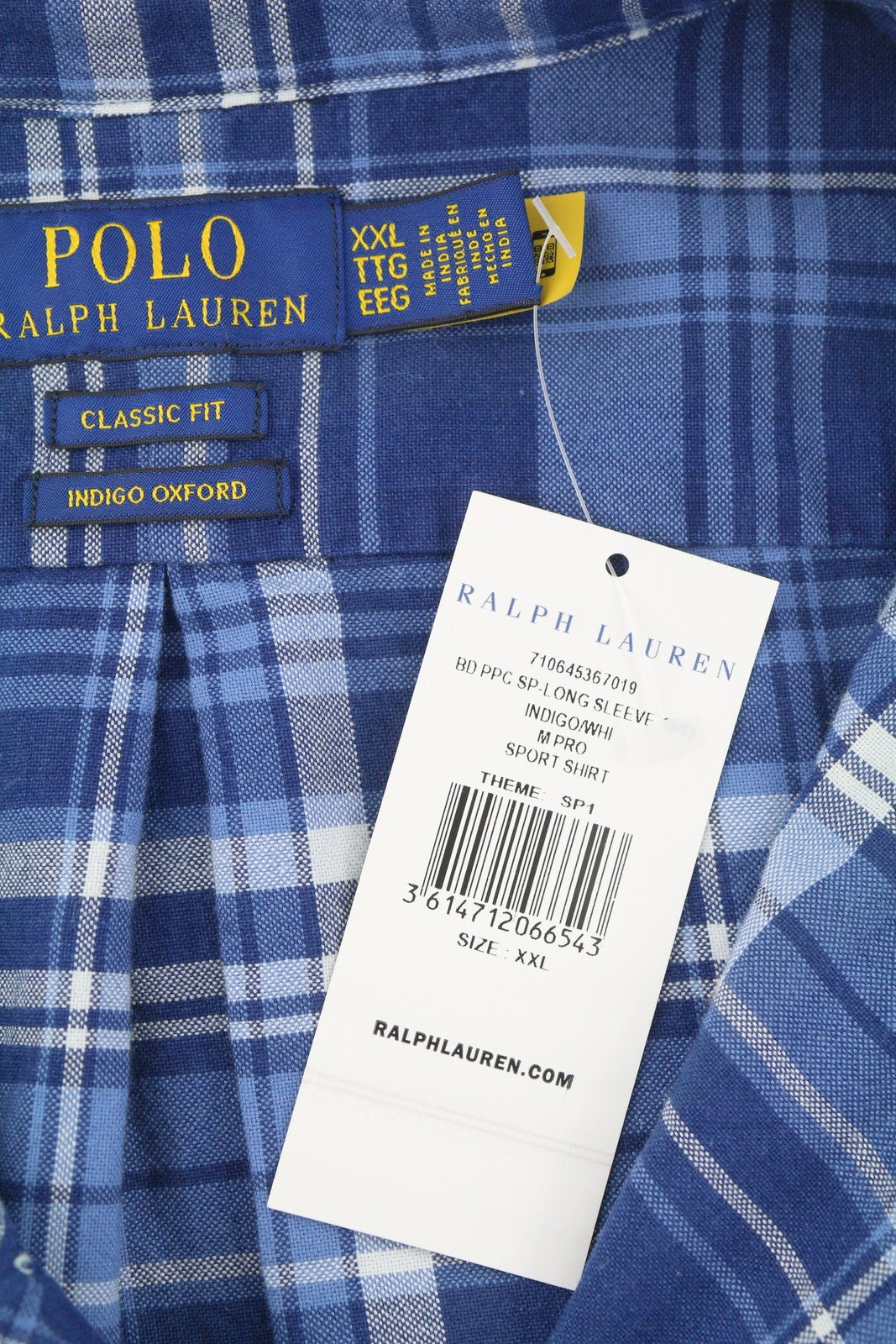 RALPH LAUREN vyriški marškinėliai, 2XL, mėlyni, klasikinio kirpimo, indigo spalvos, languoti, su sagomis žemyn iškirpte. 