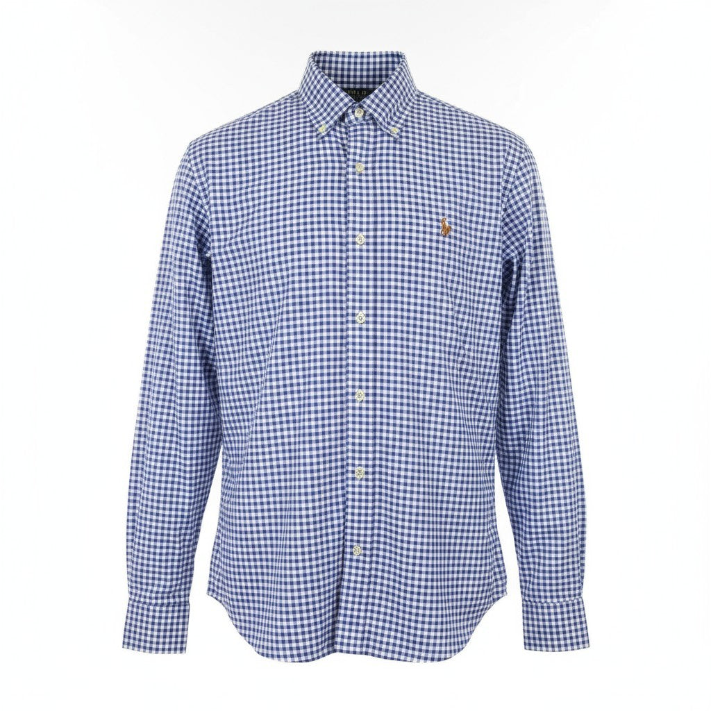 RALPH LAUREN „Core Replen“ vyriški marškinėliai, 2XL, mėlyni languoti, su sagomis žemyn iškirpte, laisvalaikio stiliaus, RRP159 