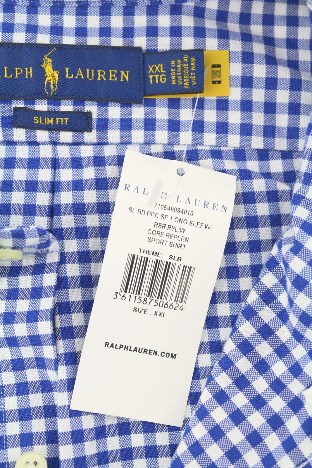 RALPH LAUREN „Core Replen“ vyriški marškinėliai, 2XL, mėlyni languoti, su sagomis žemyn iškirpte, laisvalaikio stiliaus, RRP159 