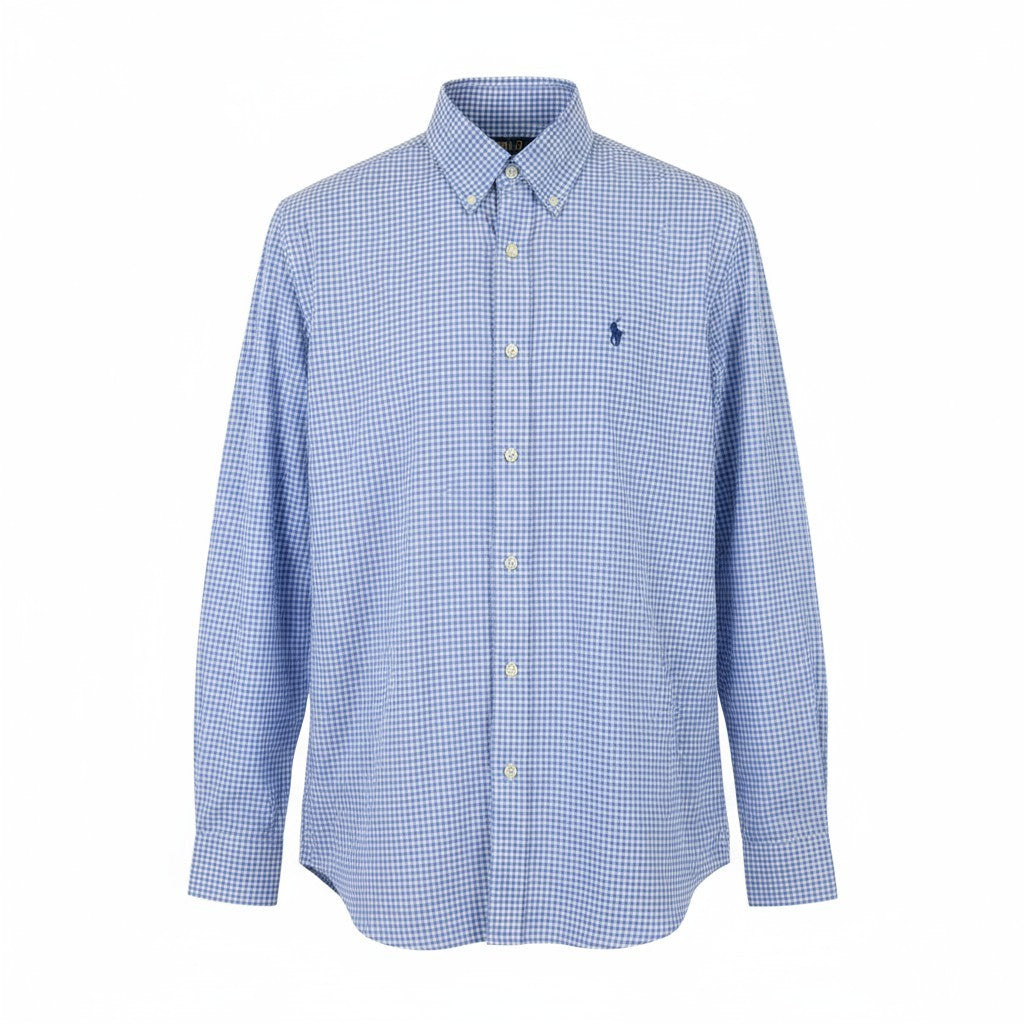 RALPH LAUREN „Core Replen“ vyriški marškinėliai M mėlyni languoti su sagomis žemyn, pritaikytas kirpimas RRP159 