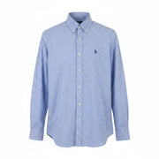 RALPH LAUREN „Core Replen“ vyriški marškinėliai M mėlyni languoti su sagomis žemyn, pritaikytas kirpimas RRP159 