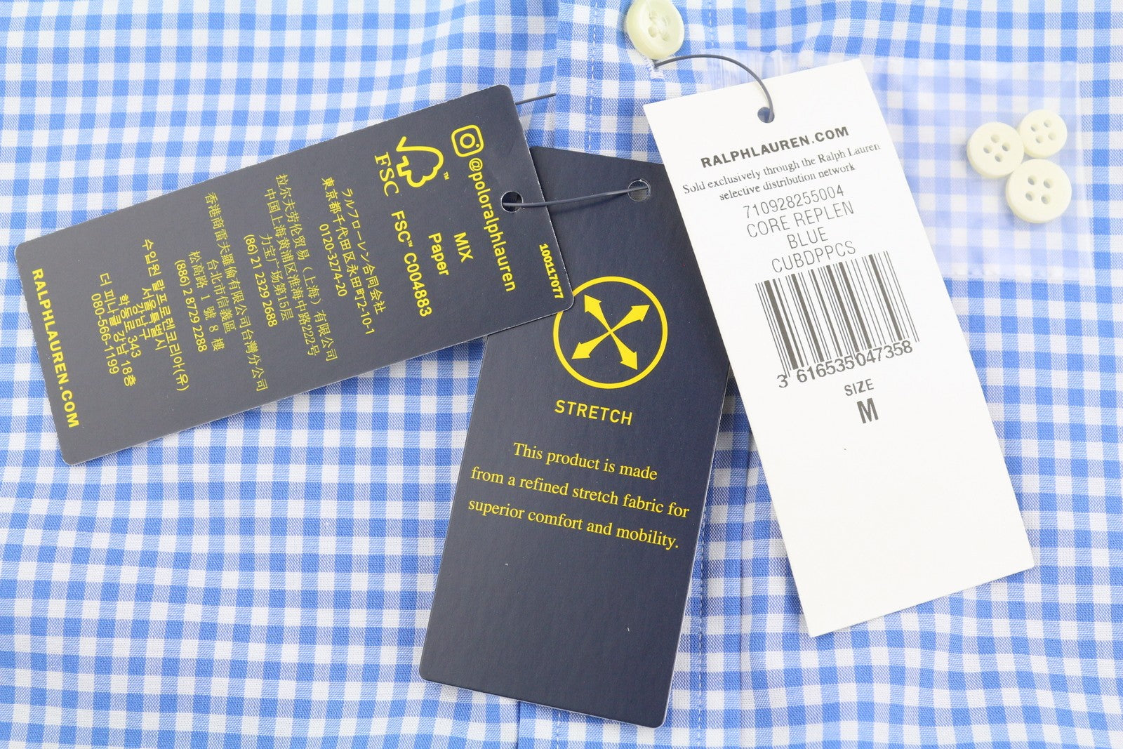 RALPH LAUREN „Core Replen“ vyriški marškinėliai M mėlyni languoti su sagomis žemyn, pritaikytas kirpimas RRP159 