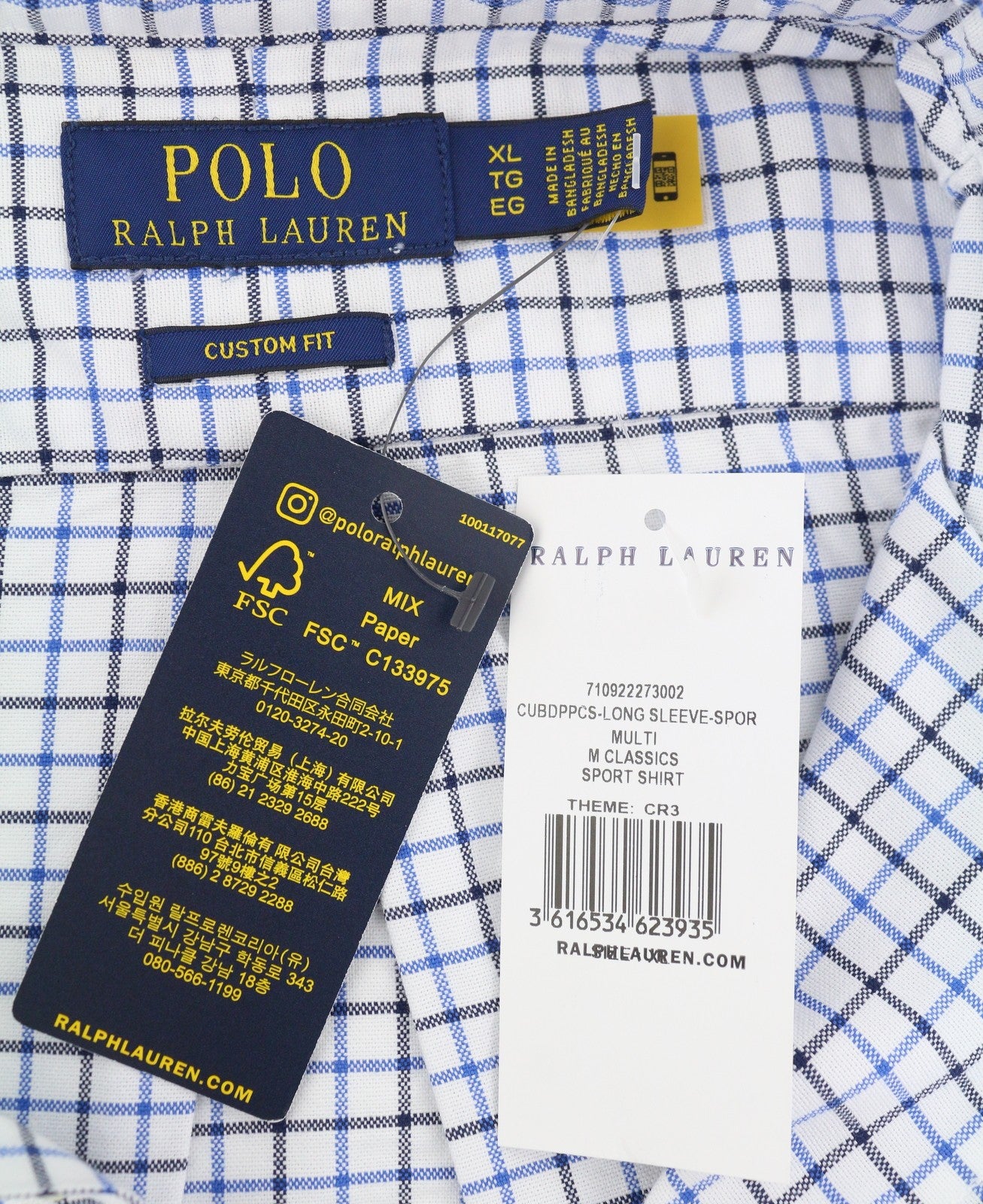RALPH LAUREN vyriški marškinėliai, XL dydžio, balti, languoti, su sagomis užsegama apykakle, su logotipu RRP169 