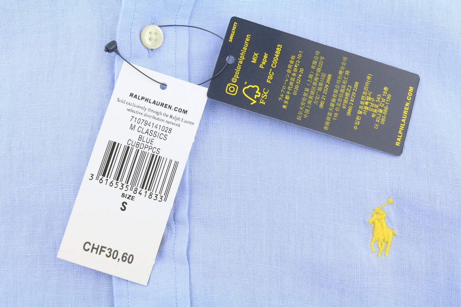 RALPH LAUREN vyriški marškinėliai S mėlyni lininiai, individualaus kirpimo, su sagomis užsegama kaklo dalimi, RRP169 