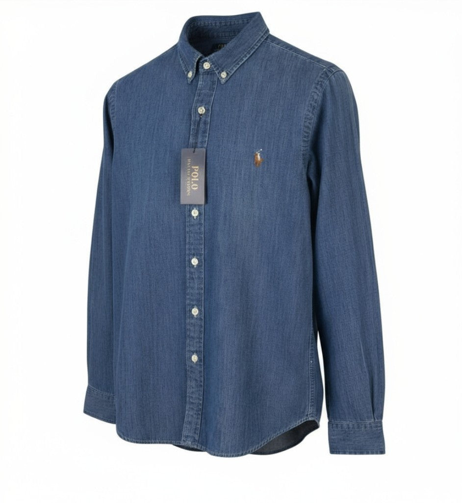 RALPH LAUREN „Core Replen“ vyriški marškinėliai, mėlyni, džinsiniai, išblukę, su sagomis, ploni, RRP159 