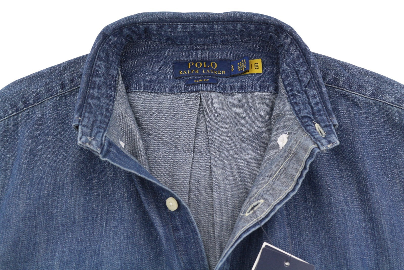 RALPH LAUREN „Core Replen“ vyriški marškinėliai, mėlyni, džinsiniai, išblukę, su sagomis, ploni, RRP159 