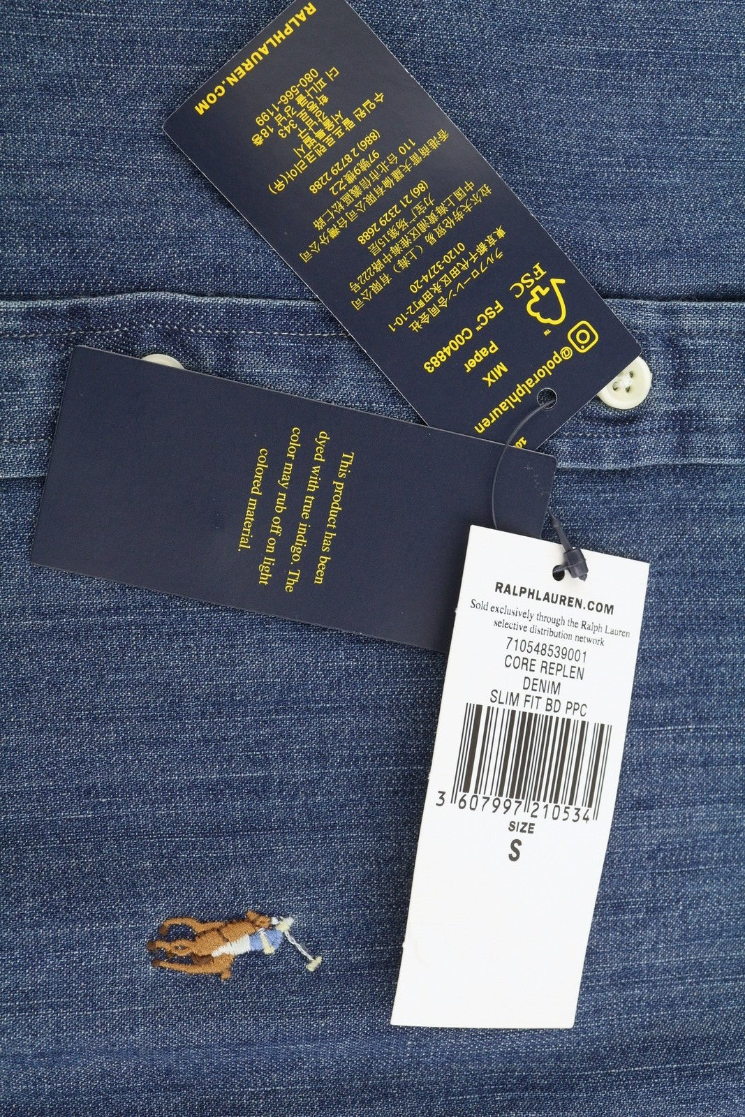 RALPH LAUREN „Core Replen“ vyriški marškinėliai, mėlyni, džinsiniai, išblukę, su sagomis, ploni, RRP159 