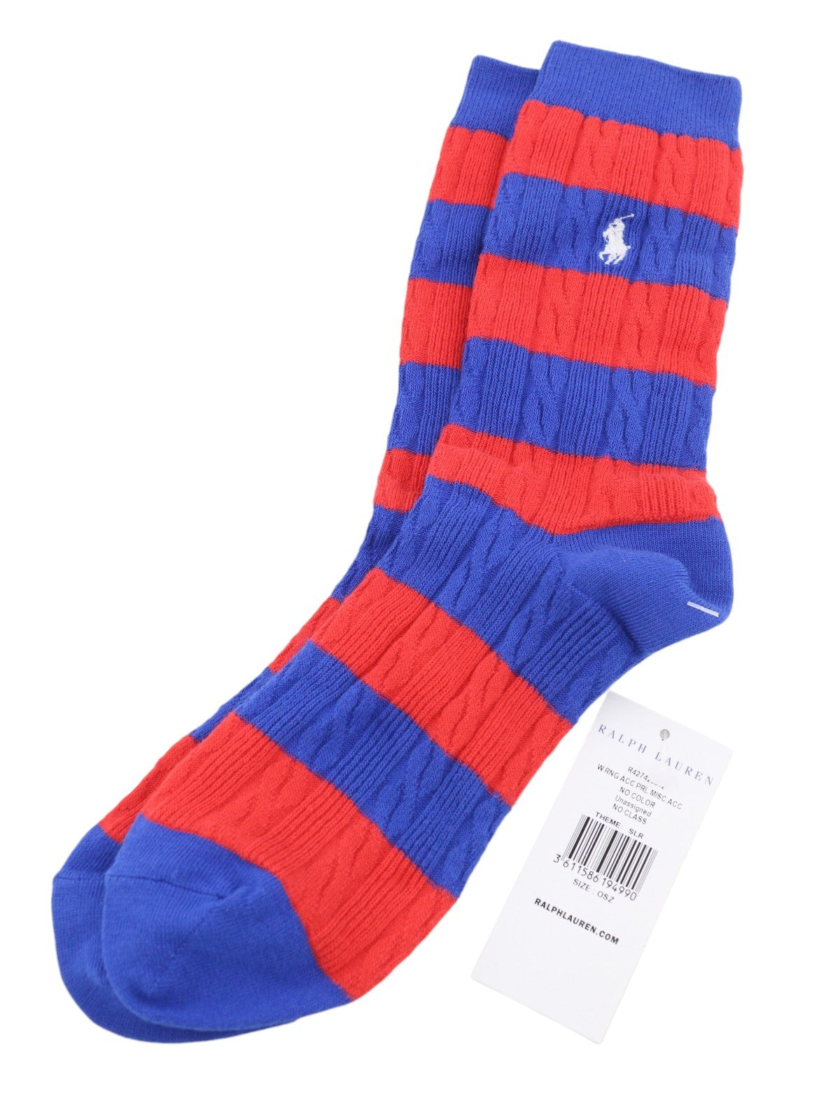 RALPH LAUREN Women Socks OS Blue Red Striped Cable-Knit Embroidered Logo Unisex