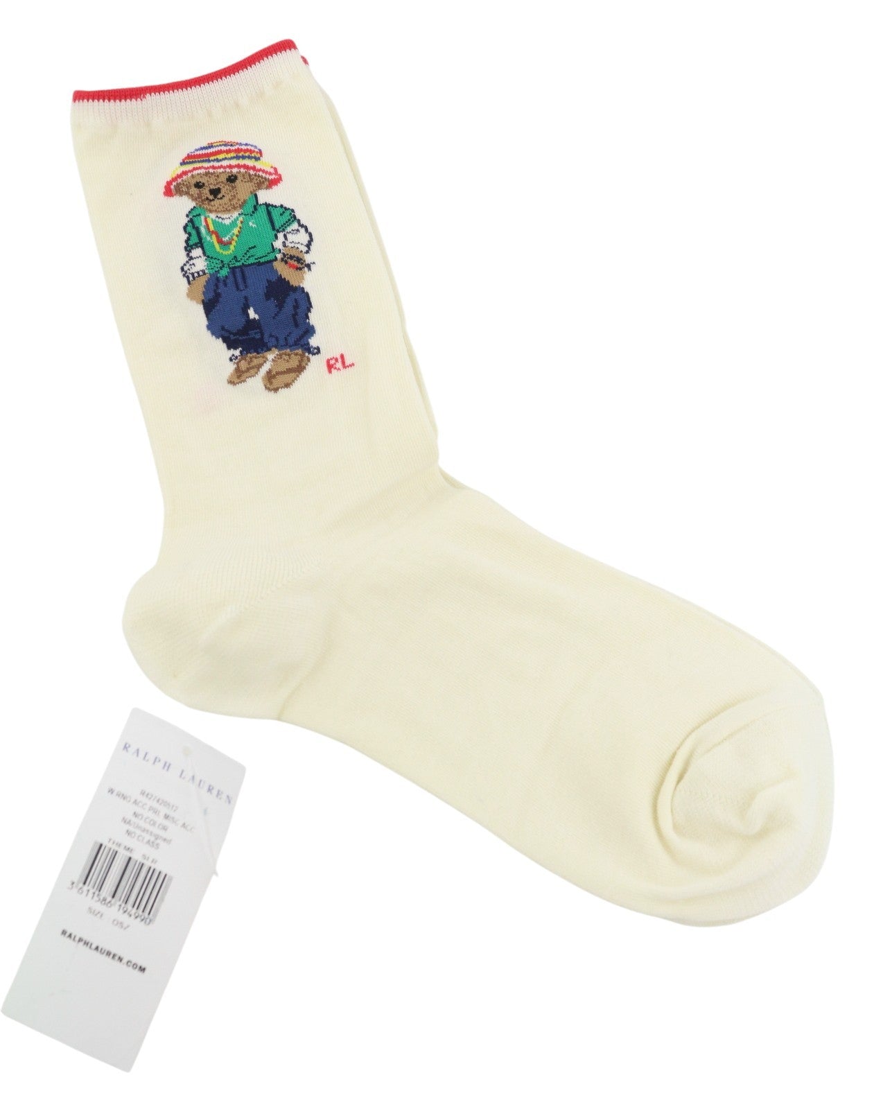 RALPH LAUREN Women Socks OS Cream Bear Print Logo Tight-Knit Stretch Unisex