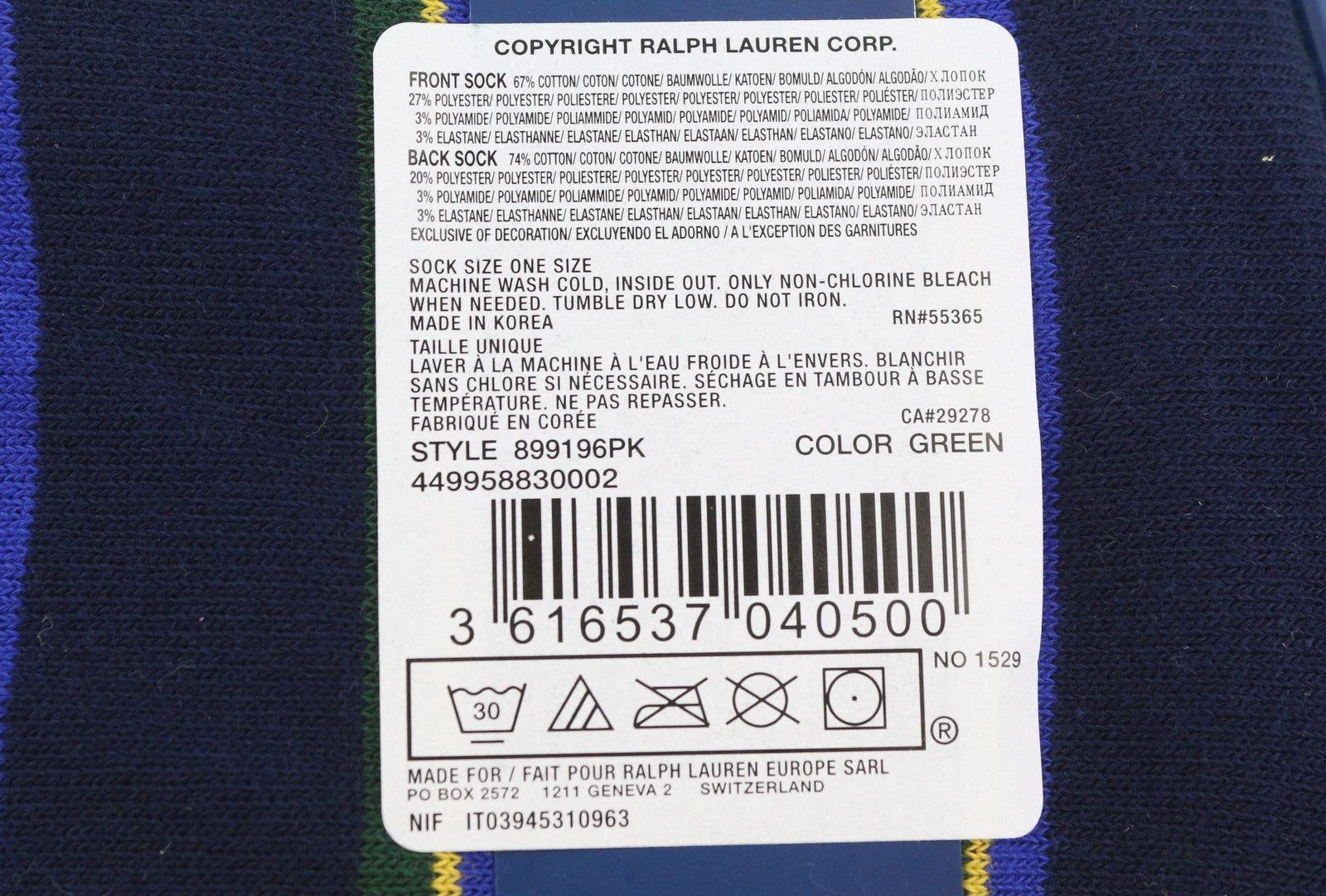 RALPH LAUREN Men Socks OS Green Bear Embroidered Logo Tight Knit Unisex 2 Pairs