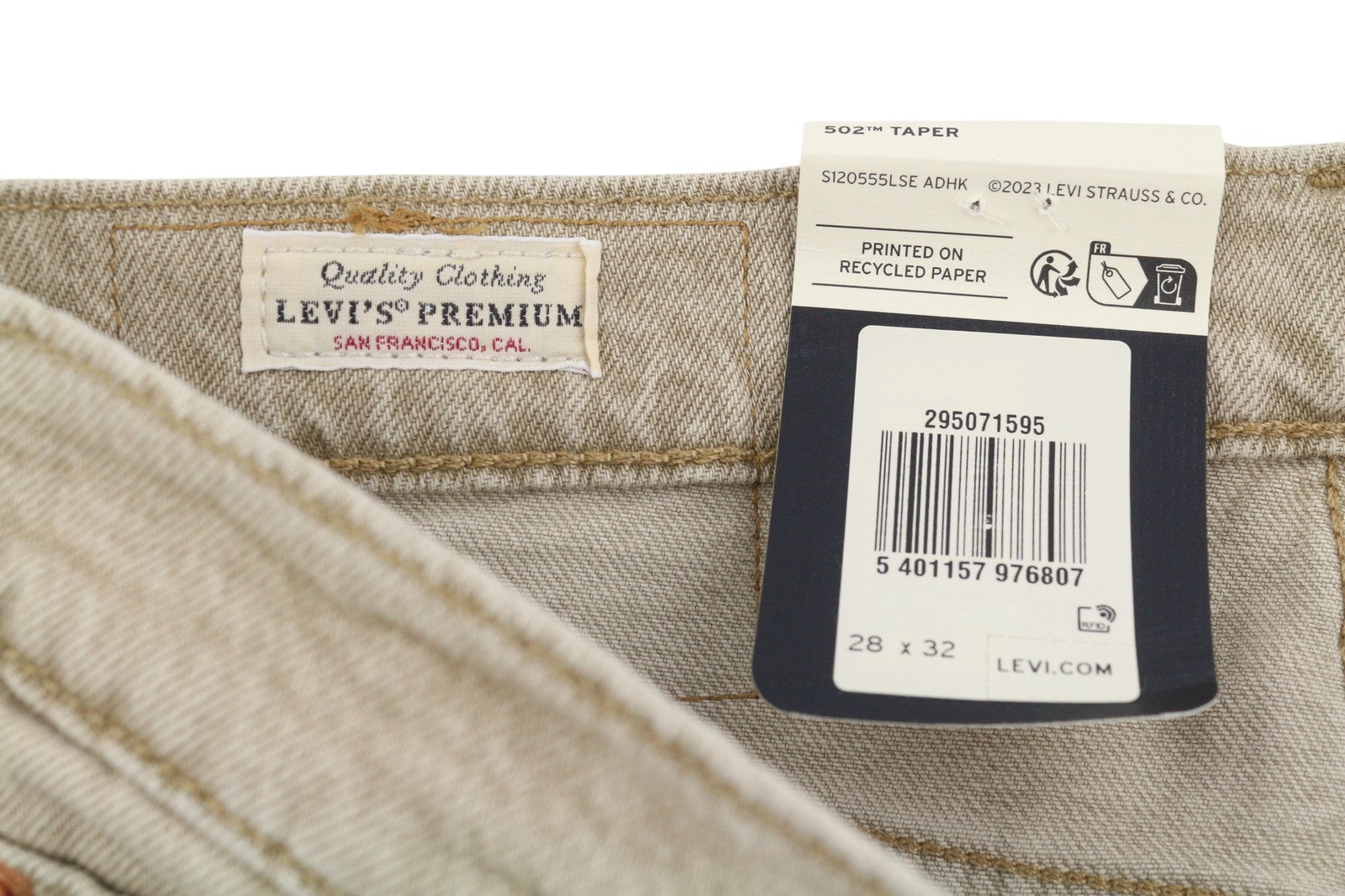 LEVI'S 502 Men Jeans W28/L32 Premium Big E Tapered Fit Zip Fly Beige Denim