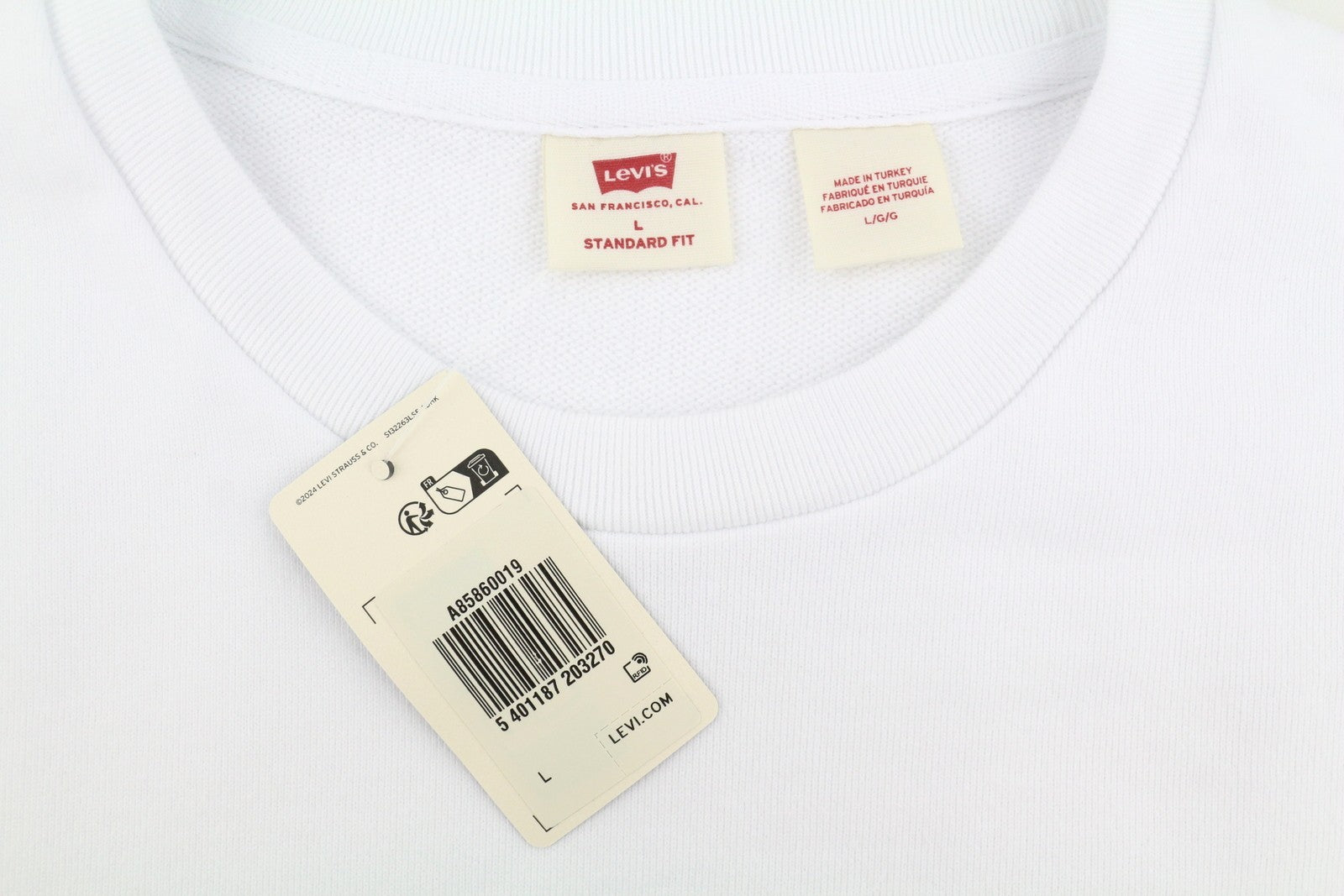 LEVI'S Standard Fit Men Sweatshirt L White Graphic Logo Crew Collar Pullover