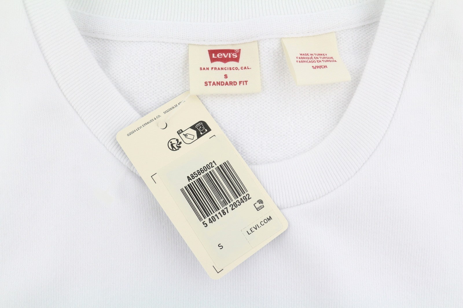 LEVI'S Standard Fit Men Sweatshirt S White Crew Neck Front Logo Cotton Pullover