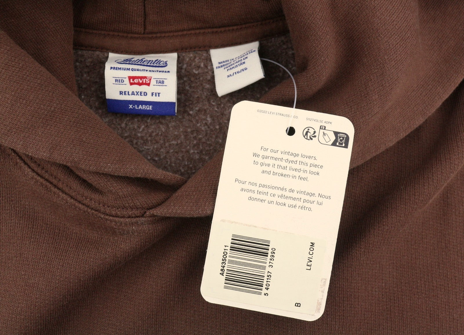 LEVI'S Relaxed Fit Men Hoodie XL Brown Kangaroo Pocket Red Tab Logo Pullover