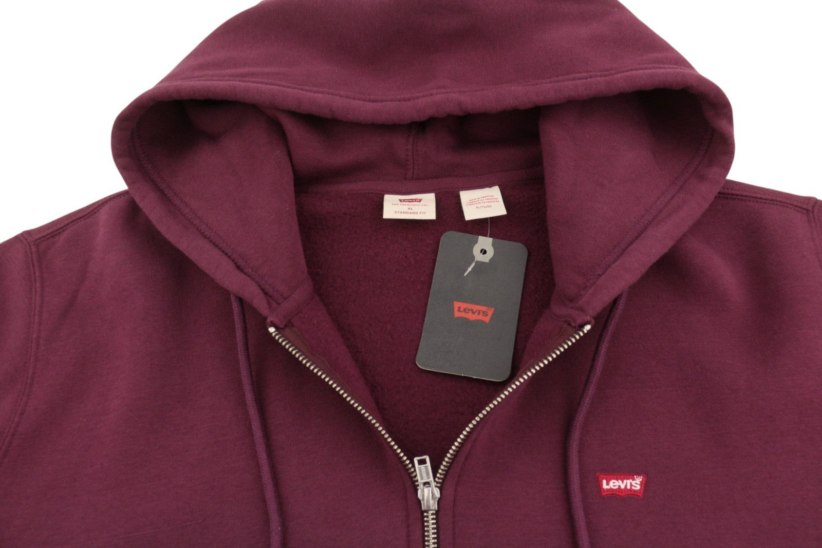 LEVI'S Standard Fit Men Hoodie XL Burgundy Full Zip Pockets Patch Logo Hooded