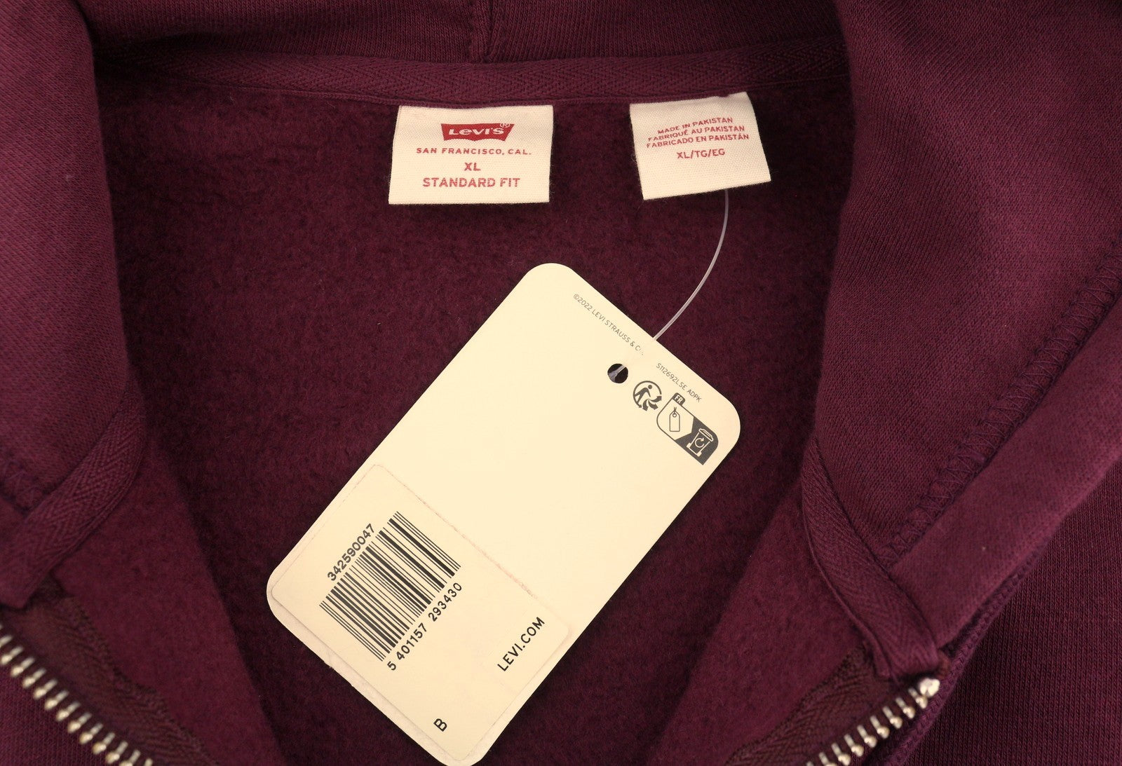 LEVI'S Standard Fit Men Hoodie XL Burgundy Full Zip Pockets Patch Logo Hooded