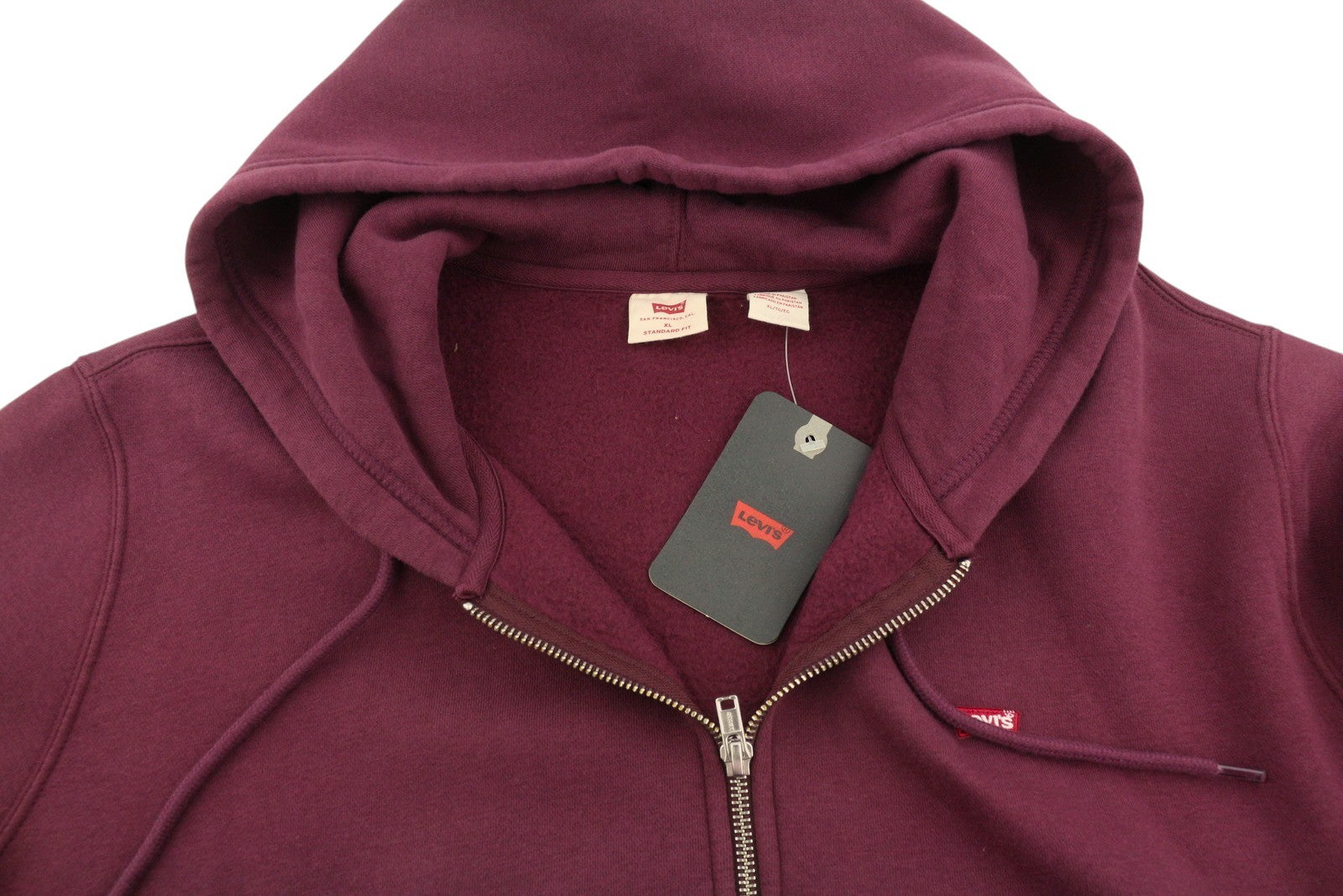 LEVI'S Standard Fit Men Hoodie XL Burgundy Full Zip Patch Logo Straps Hooded