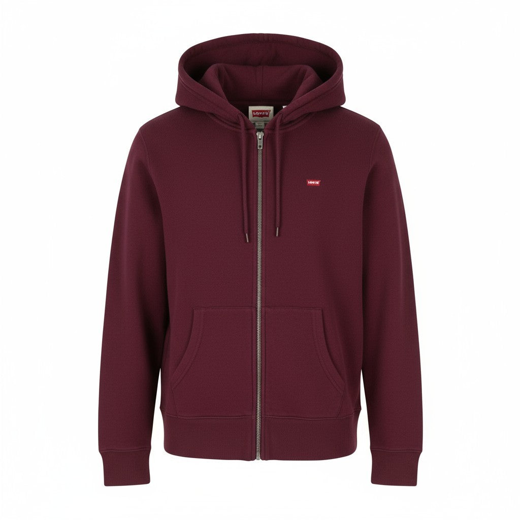 LEVI'S Standard Fit Men Hoodie S Burgundy Full Zip Pockets Patch Logo Hooded