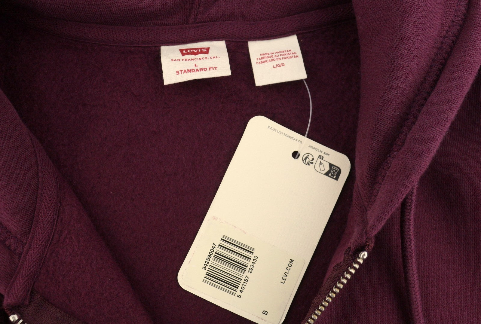 LEVI'S Standard Fit Men Hoodie L Burgundy Full Zip Pockets Patch Logo Hooded