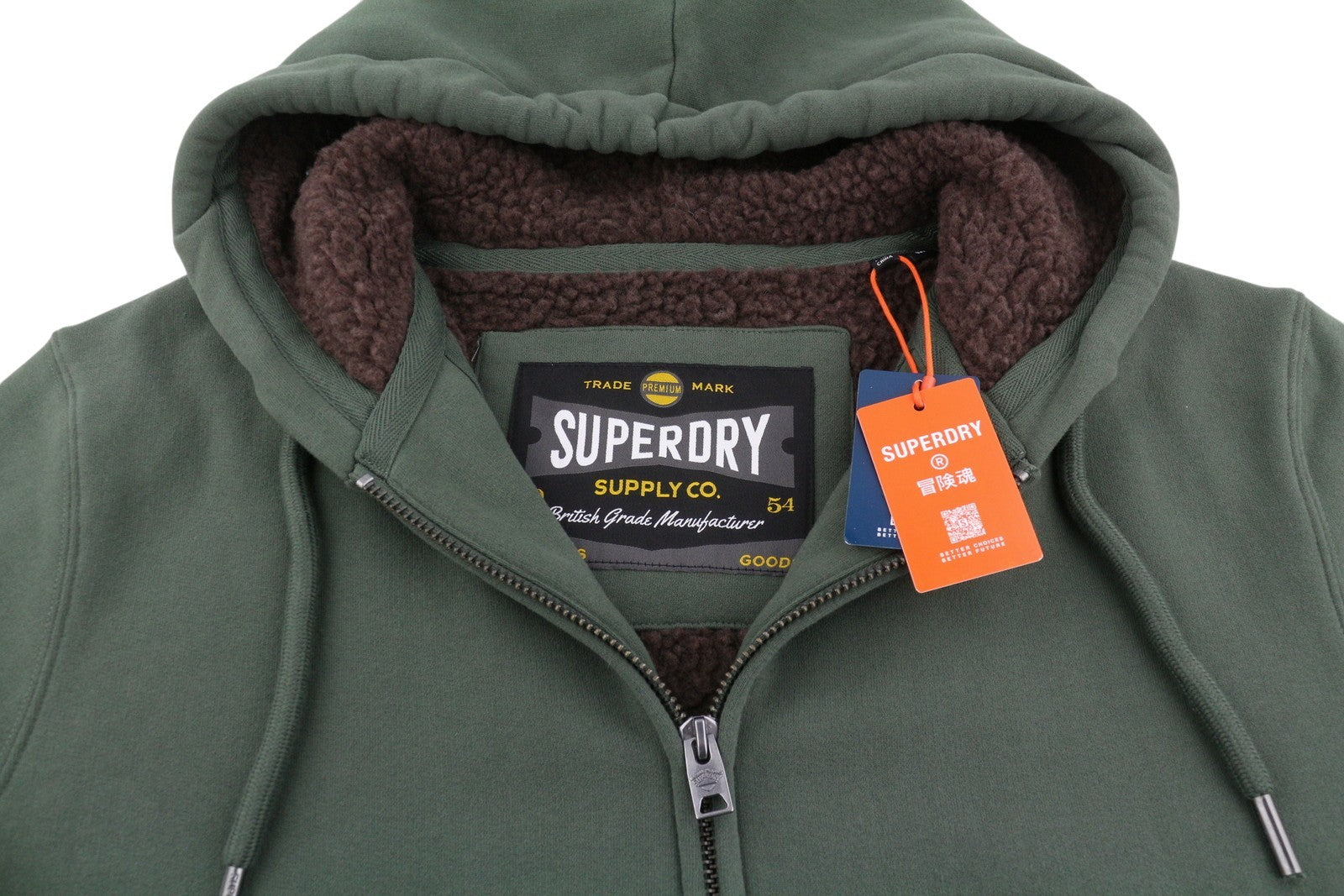 SUPERDRY Borg Lined Ziphood Men Hoodie M Green Sherpa Lined Pockets Full Zip